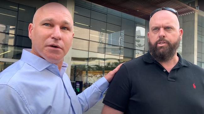 Scott Cabrie's brother Ian Cabrie and Scott's best mate Cameron Thomas talk outside court on Tuesday. Picture: Patrick Billings