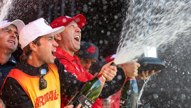 LIV Golf 2025 won by Fireball GC, captain Sergio Garcia, Luis Masaveu and Abraham Ancer spray champagne during the trophy ceremony. Picture: Jon Ferrey/LIV Golf