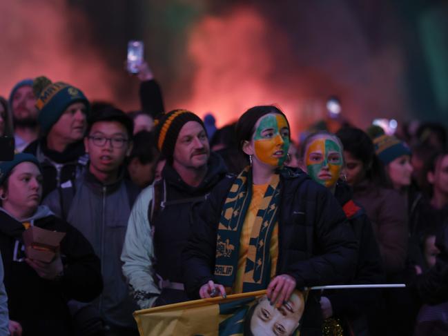 Fans at Federation Square watch the Matildas play. Picture: Darrian Traynor/Getty Images