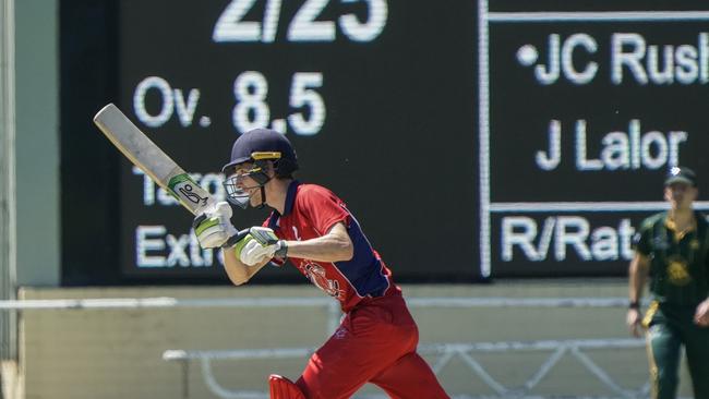 Melbourne batsman Jack Harper hits down the ground early in his innings of 124. Picture: Valeriu Campan