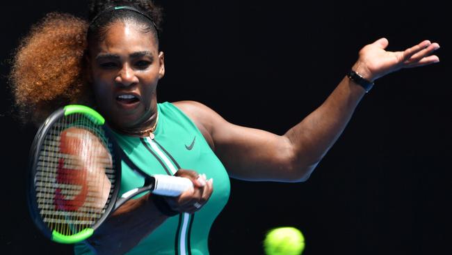 Serena Williams smashes a return during her first round victory over Germany’s Tatjana Maria. Picture: AFP