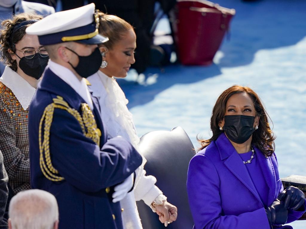 Newly sworn in Vice President Kamala Harris shares a moment with J-Lo. Picture: Drew Angerer/Getty Images