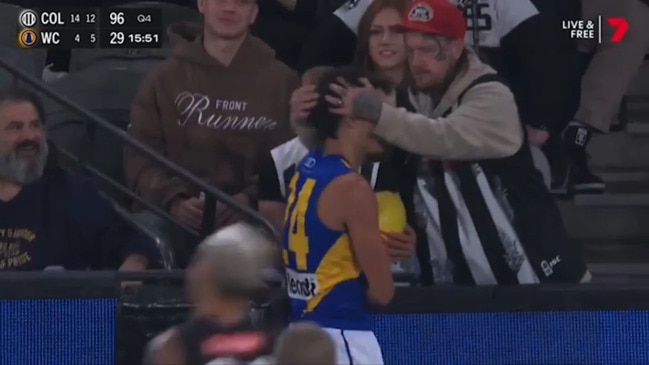 West Coast Harvey Johnston grabbed by a Collingwood fan (Seven)