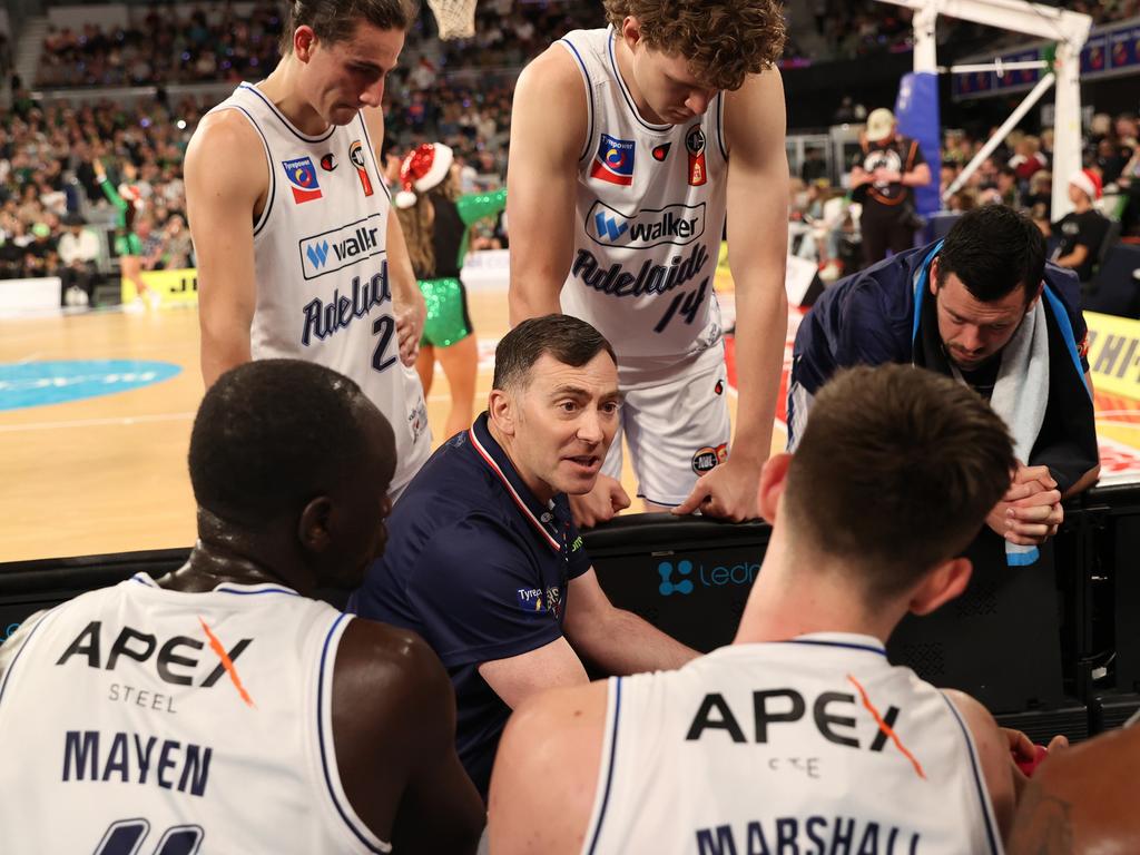 Mike Wells and his players held a crisis meeting before their game against Sydney on Monday night. Picture: Kelly Defina/Getty Images