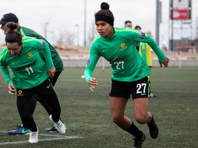 Mary Fowler (right) and Lisa De Vanna at Matildas training in Denver, Colorado ahead of Friday’s match against the US. Picture: Tristan Furney 