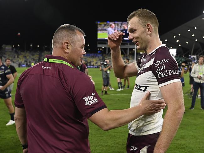 Sea Eagles coach Anthony Seibold celebrates with Tom Trbojevic on his return from injury. Picture: Ian Hitchcock/Getty Images