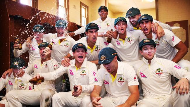 Australia celebrate in the SCG sheds after the fifth Test. Picture: Phil Hillyard