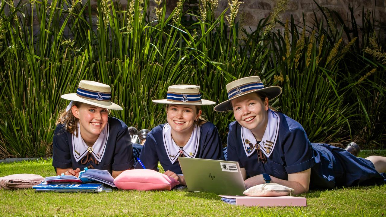 St Margaret's Anglican Girls School Year 12 students Lily Alford, Rose Brown and Imogen Simpson studying for their exams. Picture: Nigel Hallett