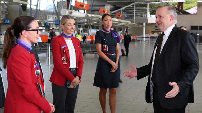 Albo mixes with Virgin staff at Sydney Airport. Picture: AAP