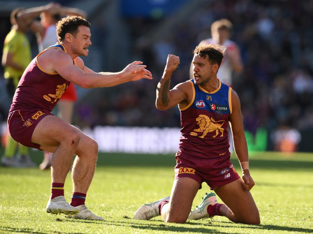 Callum Ah Chee celebrates kicking the matchwinning goal on Sunday against the Swans. Picture: Matt Roberts/AFL Photos/via Getty Images.