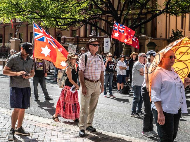 Anti-vaxxer protests swarmed on NSW Parliament House in Sydney on Tuesday. Picture: NCA NewsWire / Flavio Brancaleone