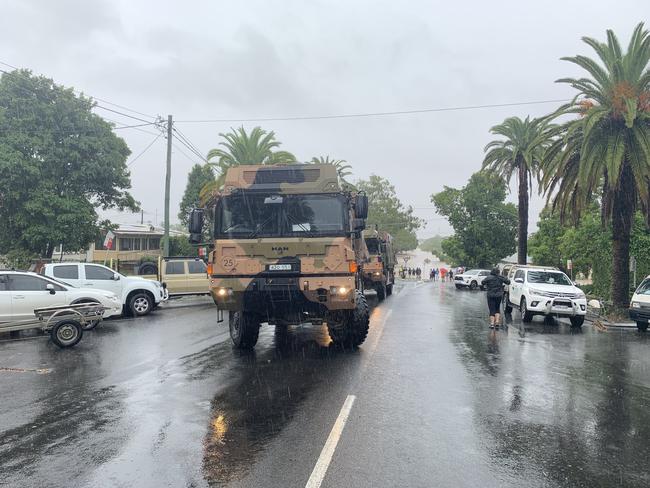 An army troop transport in Uralba Street, Lismore, on Monday. Picture: Stuart Cumming