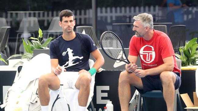 Novak Djokovic with his coach Goran Ivanisevic during a practice session ahead of the 2023 Adelaide International. (Photo by Sarah Reed/Getty Images)