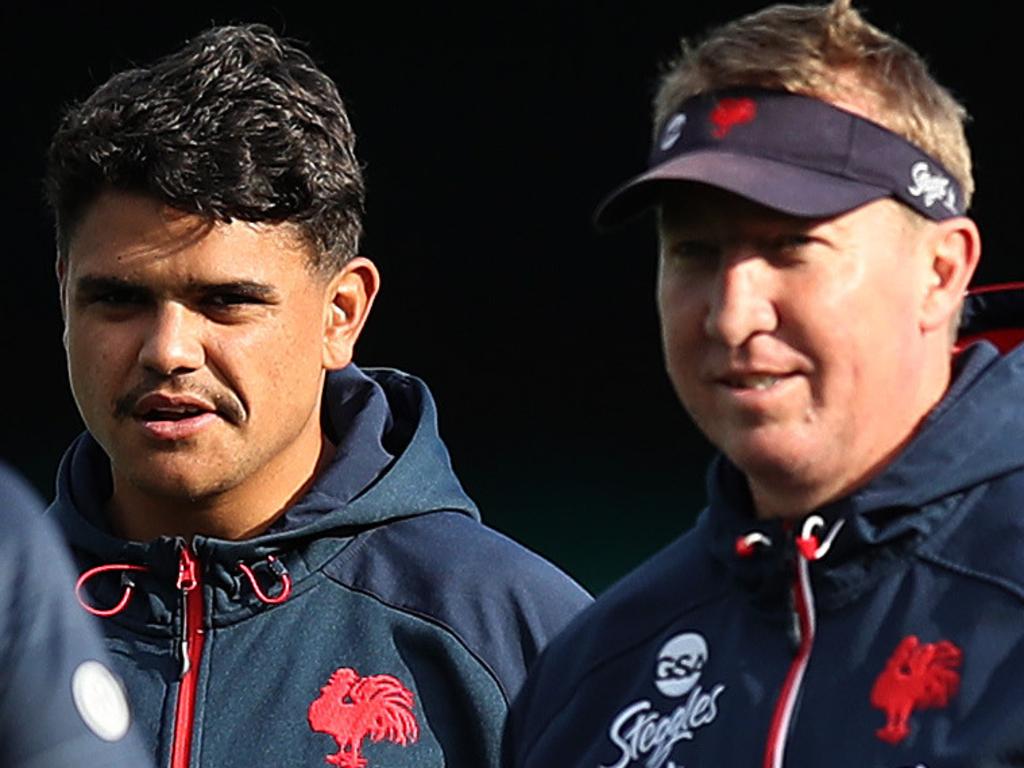 Coach Trent Robinson with Latrell Mitchell during Sydney Roosters training at the SCG ahead of Sunday's  NRL Grand Final against the Canberra Raiders. Picture. Phil Hillyard