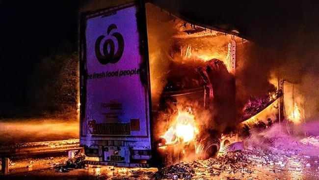 A large Woolworths truck was burning out of control this morning. Picture: Fire and Rescue NSW St Andrews