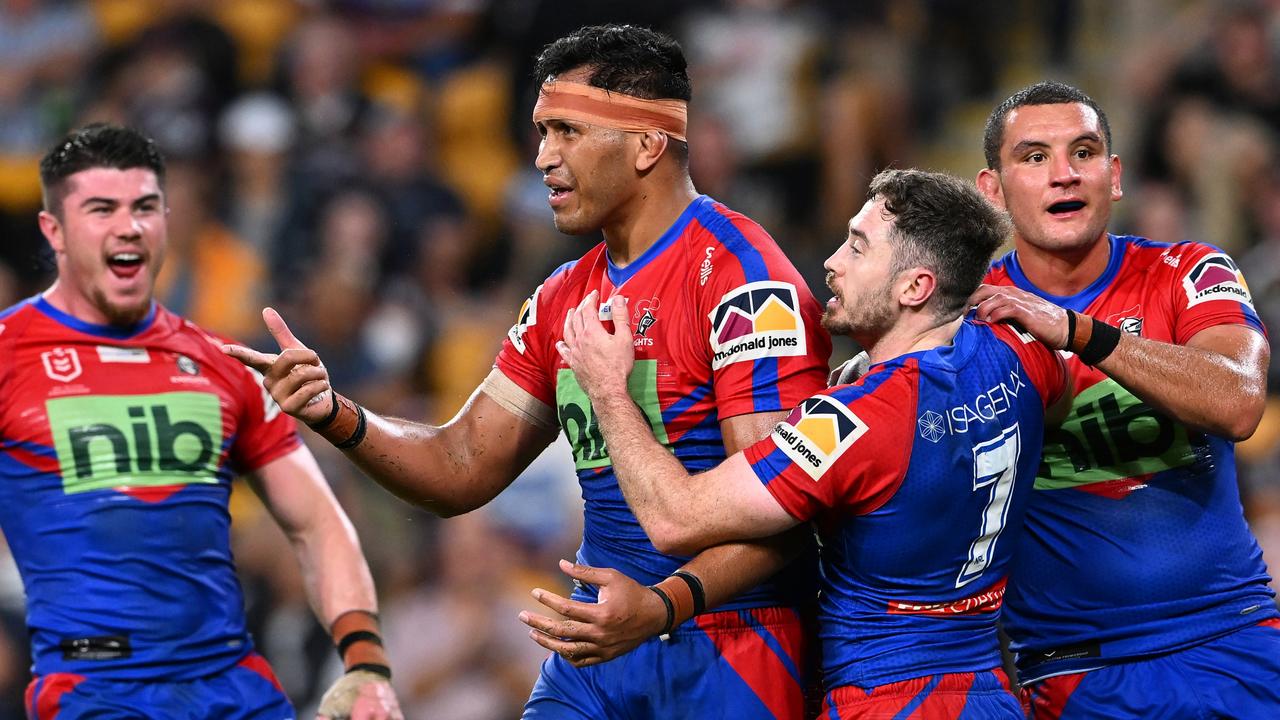 BRISBANE, AUSTRALIA - MAY 13: Daniel Saifiti of the Knights celebrates with teammates during the round 10 NRL match between the Canterbury Bulldogs and the Newcastle Knights at Suncorp Stadium, on May 13, 2022, in Brisbane, Australia. (Photo by Bradley Kanaris/Getty Images)