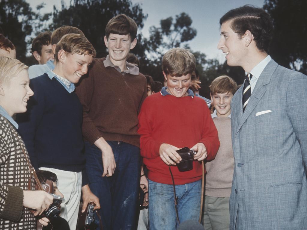 Charles, Prince of Wales, in conversation with pupils during a return visit to Timbertop, April 1970. Picture: Keystone/Hulton Archive/Getty Images