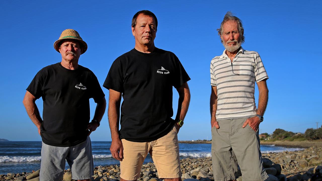 Three members of Bite Club: Kevin Young (son Zac was killed by a shark at Coffs Harbour), Dave Pearson and Colin Rowland. Picture Nathan Edwards