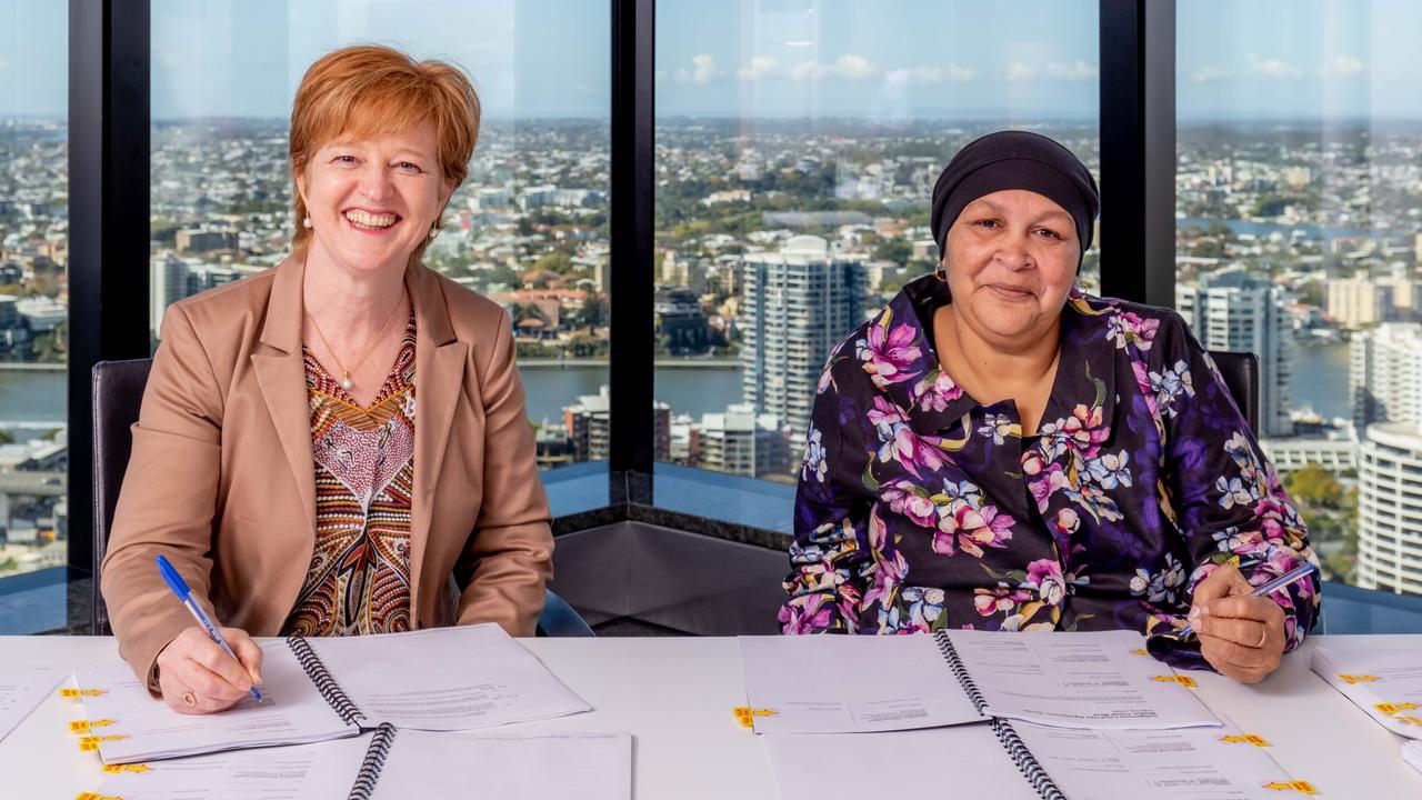 The Barada Barna Aboriginal Corporation, on behalf of the Barada Barna people, have entered into a Native Title Project Agreement with BHP Mitsui Coal Pty Ltd for South Walker Creek Mine in Central Queensland. Pictured is BMC Asset President Elsabe Muller and Barada Barna Aboriginal Corporation chairperson Luarna Walsh. Picture: Luke Marsden