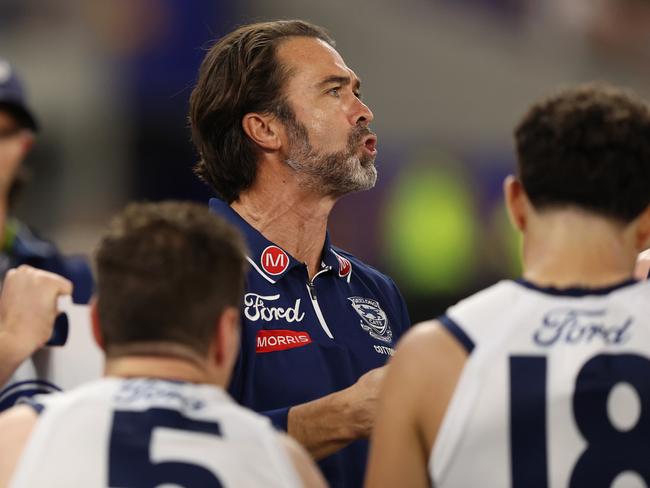 Geelong coach Chris Scott wasn’t happy at three-quarter time. Picture: Janelle St Pierre/AFL Photos