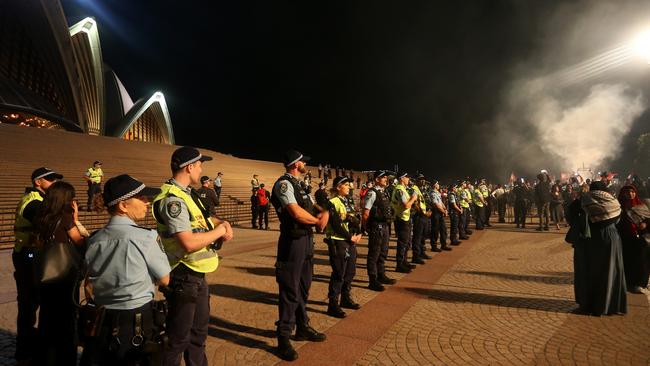 Police at Monday’s protest. Picture: Getty Images