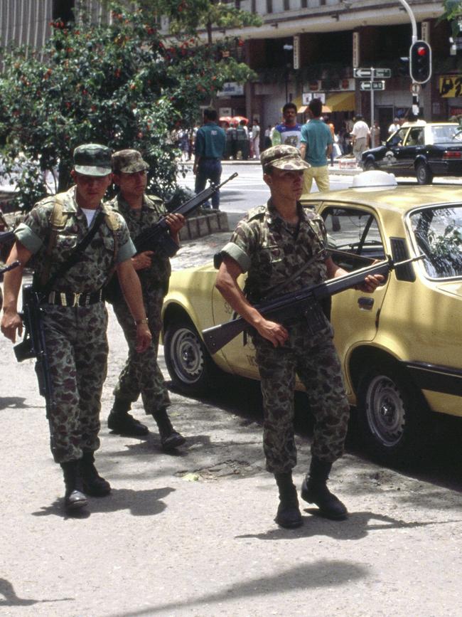 The army patrols the streets of Medellin, a city where Escobar reigned terror for several years. Picture: Getty