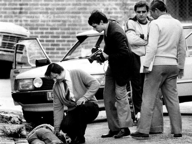 As a cop Roger Rogerson (far right) was responsible for shooting dead underworld drug dealer Warren Lanfranchi. Picture: Frank Violi
