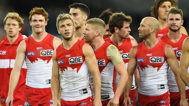 Sydney players walk off ANZ Stadium after losing to GWS.