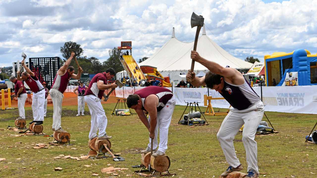 Craig Wagner, Brad Read, Jamie Retchlag, Rowan Skennar, Ed Cook and Brian Wagner gave their best in the 300 Undercut wood-chop event. Picture: Arthur Gorrie