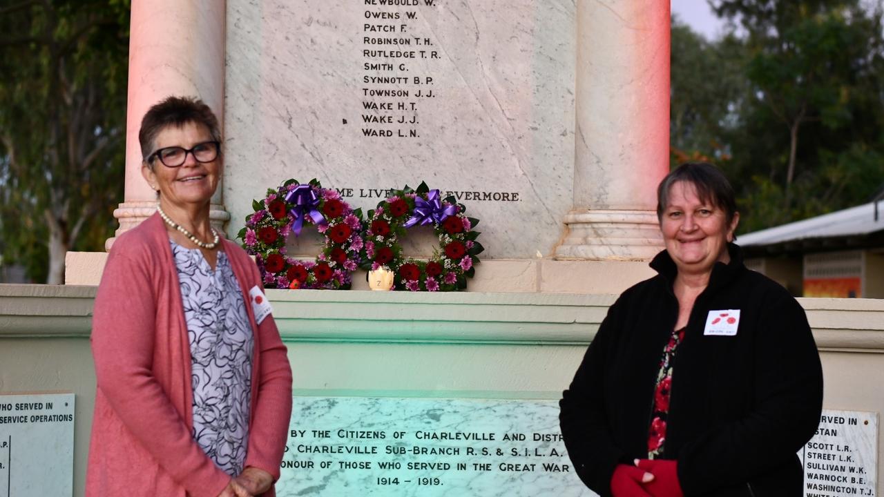 Rose Baker and Jinelle Flanigan took it upon themselves to lay wreathes at the cenotaph. Anzac Day Charleville, 2020.