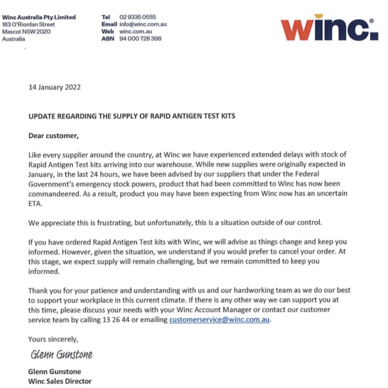 A letter sent by Winc alleging the federal government had redirected stock of rapid antigen tests