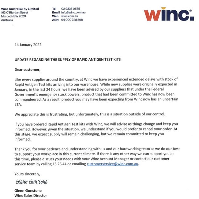 A letter sent by Winc alleging the federal government had redirected stock of rapid antigen tests