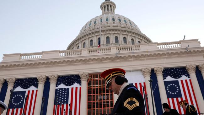 Members of the US Army Herald Trumpets participate in a rehearsal for the January 20 inauguration. Picture: Getty Images via AFP