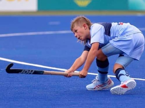 Thomas Boehm in action at the 2022 Hockey Australia U13 championships in Hobart.