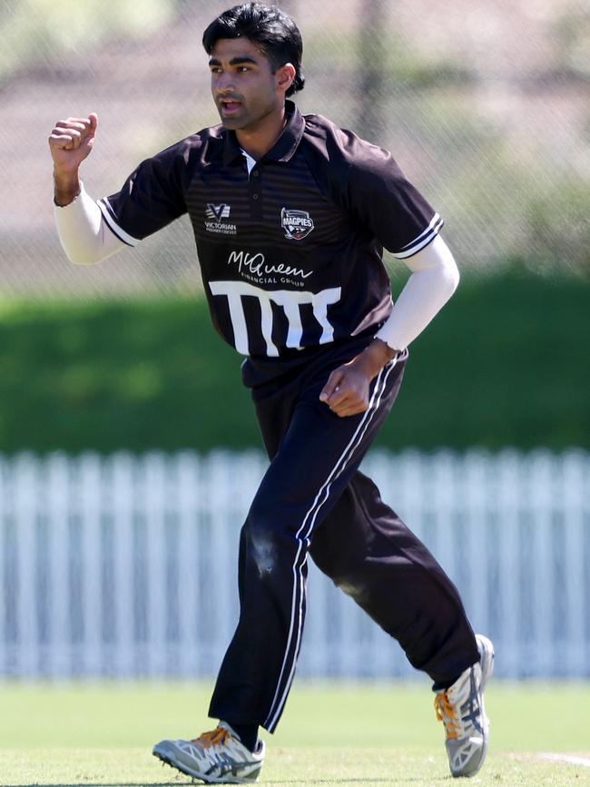 Premier: Shubham Bhargave celebrates a wicket for Camberwell Magpies. Picture: Georg Sal