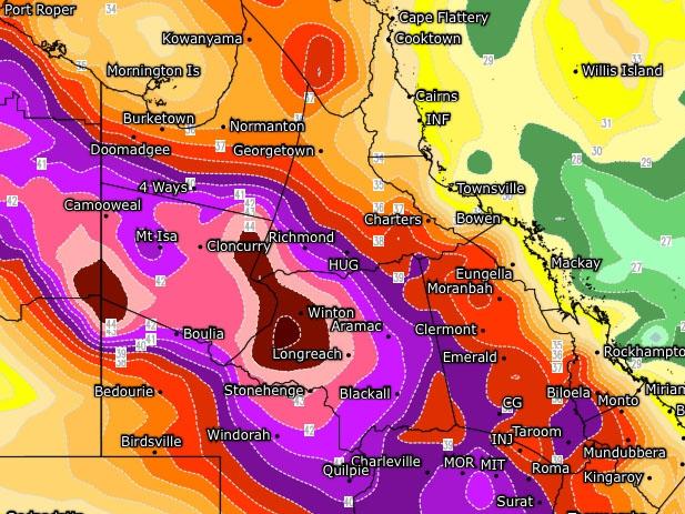 Another scorching Summer's day through Inland QLD today. This heat will help generate some isolated to scattered storms through Northern Inland and North West districts, along with further isolated storms across Southern & Central Inland areas. Coastal areas are cooler, but a bit muggier!This heat will push into Eastern QLD over the next few days, with parts of SEQLD nudging 40ºc tomorrow (Saturday). Image via WeatherWatch