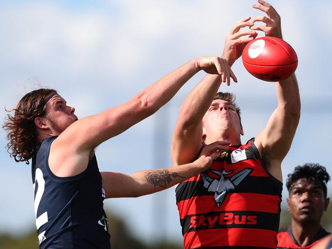 Ethan Conway of Launceston and Haydn Smith of Lauderdale in Saturday’s Lauderdale V Launceston Tasmanian State League match. Picture: NIKKI DAVIS-JONES