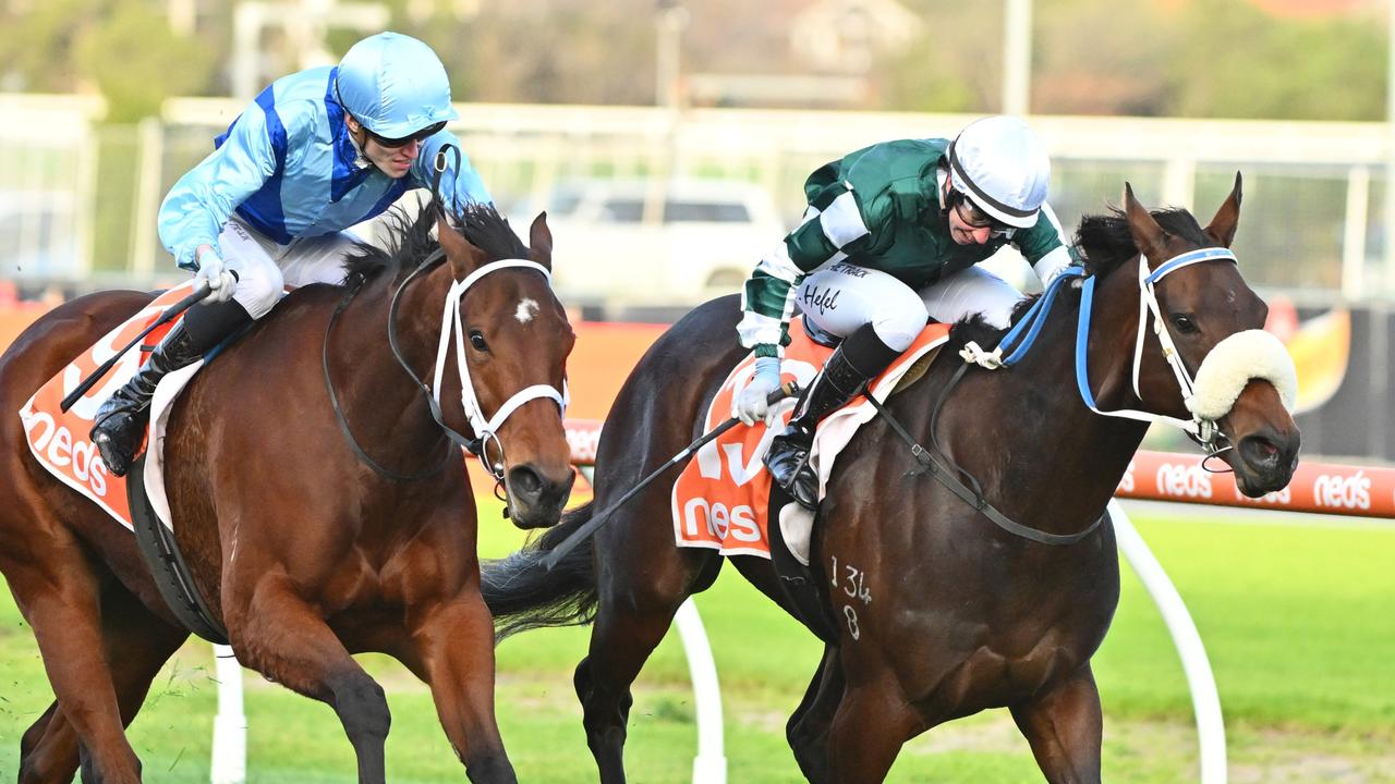 Sigh (right) holds off Mileva to win the Monash Stakes. Picture: Vince Caligiuri-Getty Images