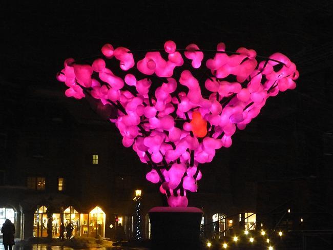 A martini glass sculpture outside Solaris Residences and the ice skating rink in Vail.