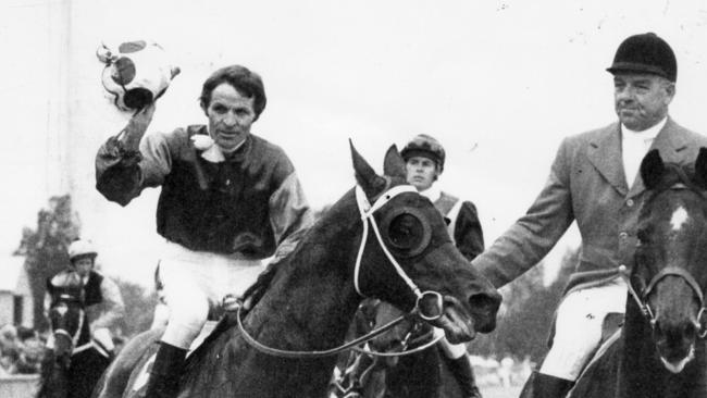 Jockey John Miller returns to scale after winning the Adelaide Cup on the Colin Graves-trained Panamint at Morphettville in 1979.