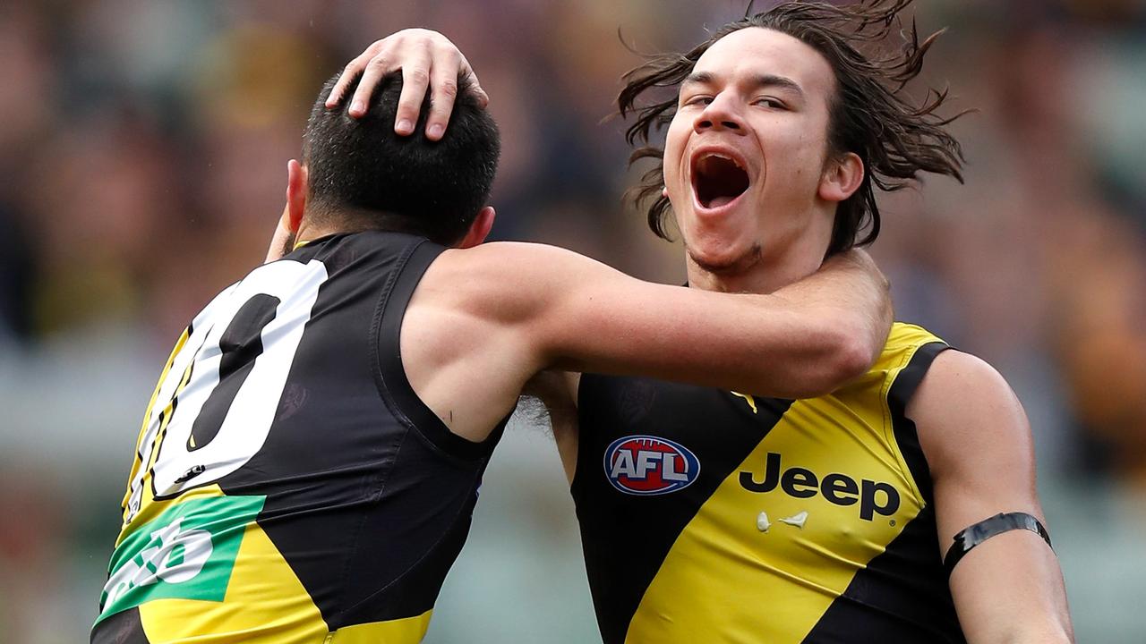 Shane Edwards and Daniel Rioli celebrate a goal against Brisbane. Picture: Getty Images