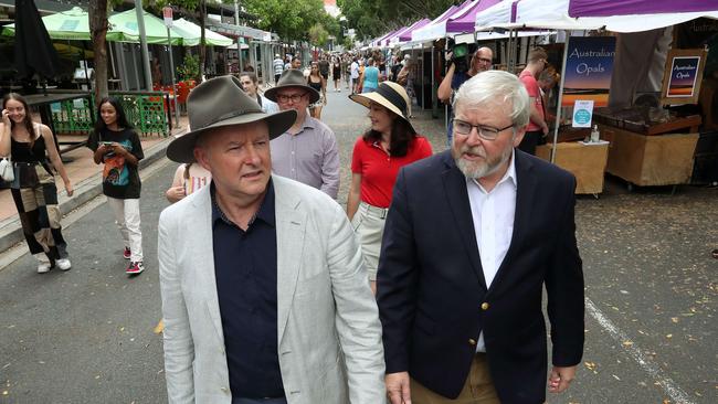 Kevin Rudd and Anthony Albanese on the hustings together. Photographer: Liam Kidston.