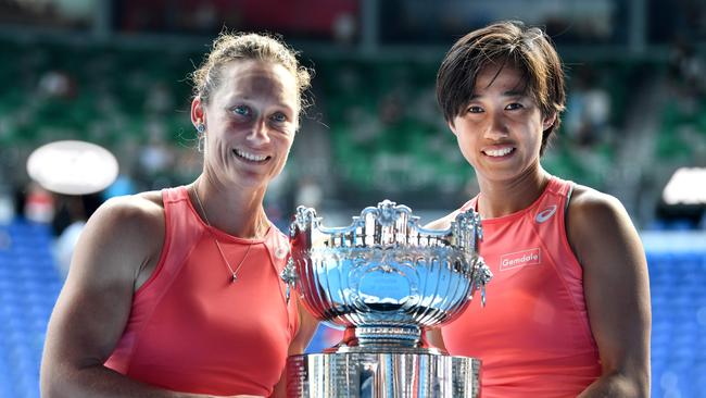 Samantha Stosur and Zhang Shuai celebrate with the championship trophy. Picture: AFP