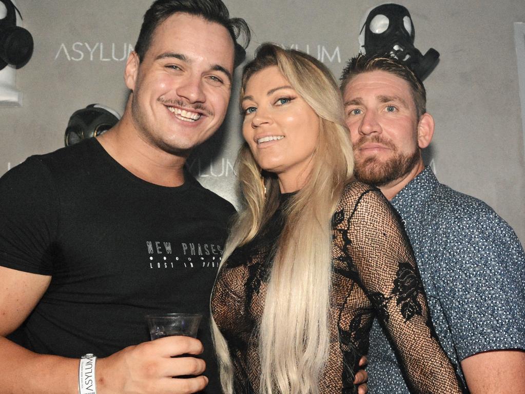 Liam Davis, Melissa Hallstrom and Brendan Sweeney at opening of Asylum Nightclub, Surfers Paradise. Picture: Regina King