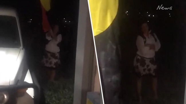 Shocking moment woman tries to rip Aboriginal man's flag from car