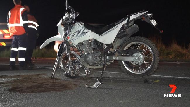 A 17-year-old boy died after crashing a Suzuki motorbike at Cooran on Saturday night. Picture: 7 News Sunshine Coast