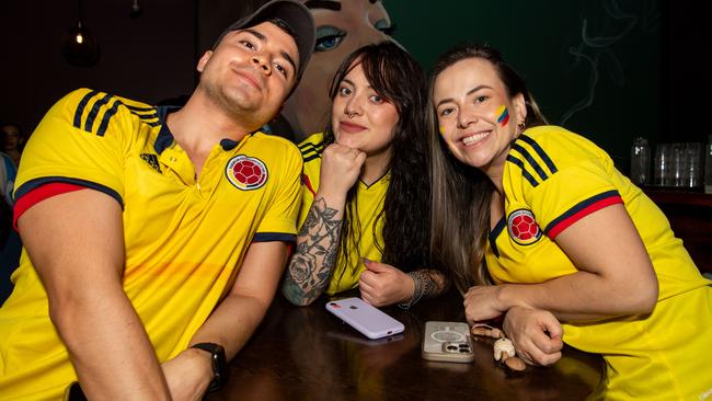 Laura Martinez, Lina Martinez and Diego Llano as Boisterous Colombian supporters watching their national side take on Argentina in the 2024 Copa America Final at the Lost Arc, Darwin. Picture: Pema Tamang Pakhrin.