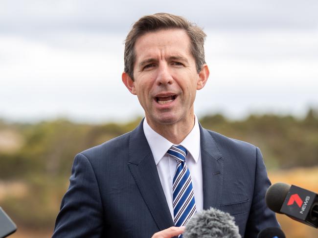 Federal Minister for Trade, Tourism and Investment Simon Birmingham speaks to media during a press conference announcing Australia's first compressed air energy storage project at Angas Zinc Mine near Strathalbyn, South Australia, Friday, February 8, 2019. (AAP Image/James Elsby) NO ARCHIVING