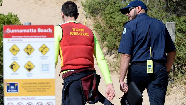 Emergency services search for a missing swimmer at Gunnamatta surf beach. Picture: Andrew Henshaw