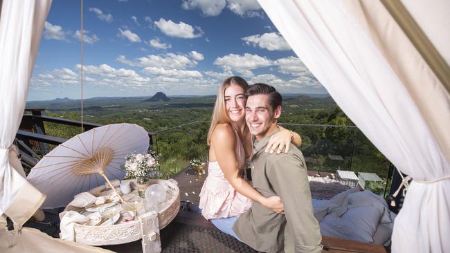 Madi Lynch, 23, and Tom Kilrowe, 23, celebrate their engagement at Noosa Tableands Escape where Tom's proposal was made extra special with some help from Sunshine Coast Picnics and Proposals. Picture: Lachie Millard